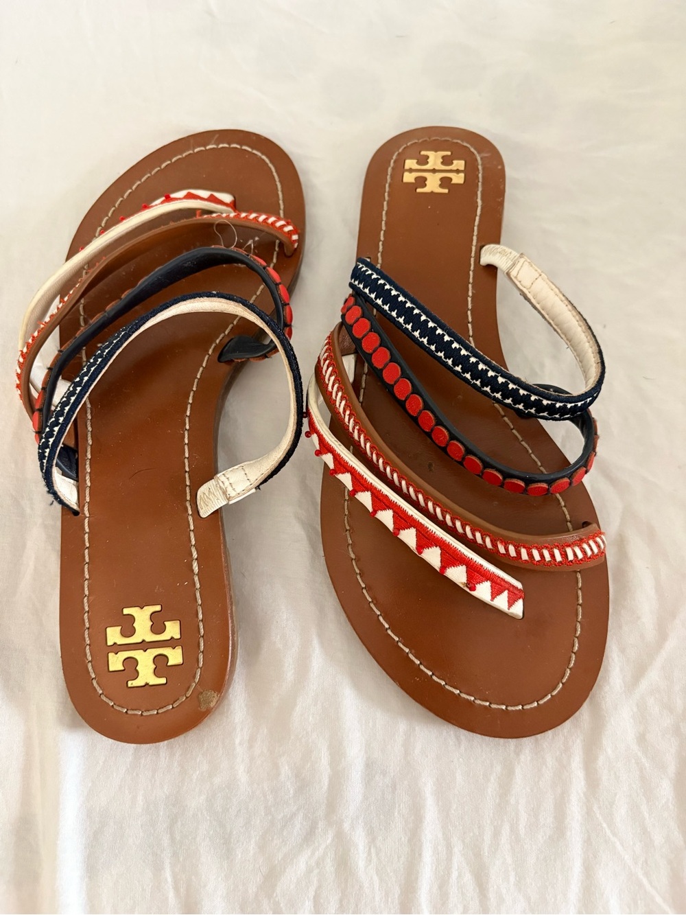Tory Burch Brown Leather Slide Sandals with Red, Navy & White Straps